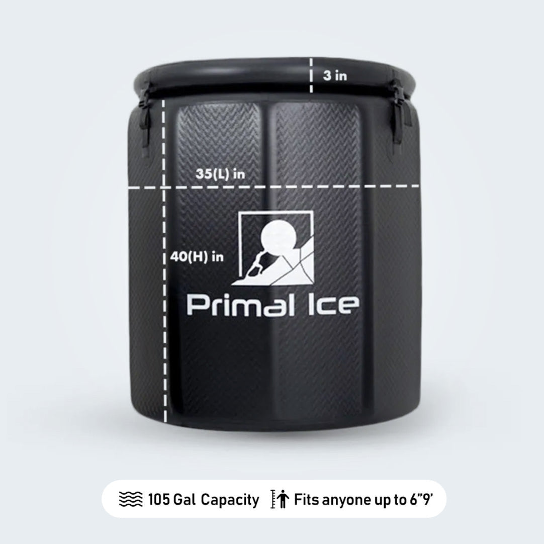 Ice Barrel with insulated lid, backpack, and hand pump laid out